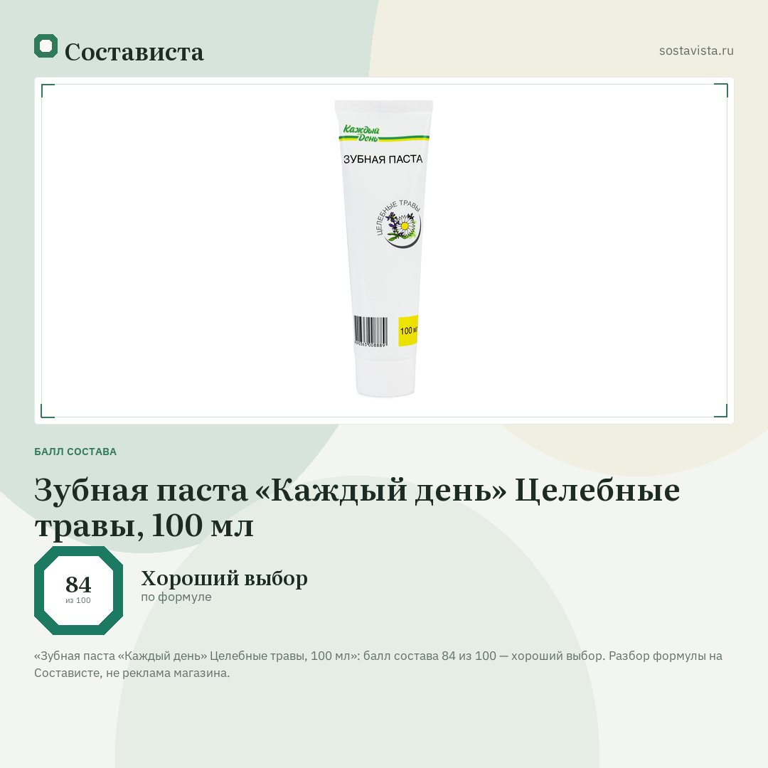 Зубная паста «Каждый день» Целебные травы, 100 мл: балл состава 84 из 100 — Состависта