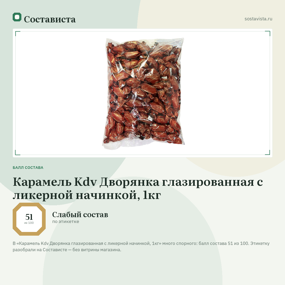 Карамель Kdv Дворянка глазированная с ликерной начинкой, 1кг: балл состава 51 из 100 — Состависта