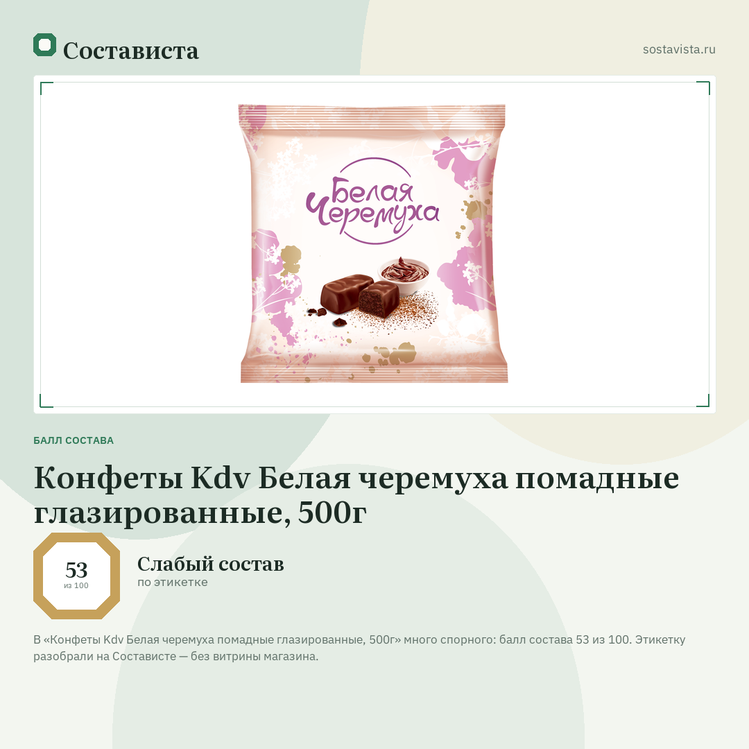 Конфеты Kdv Белая черемуха помадные глазированные, 500г: балл состава 53 из 100 — Состависта