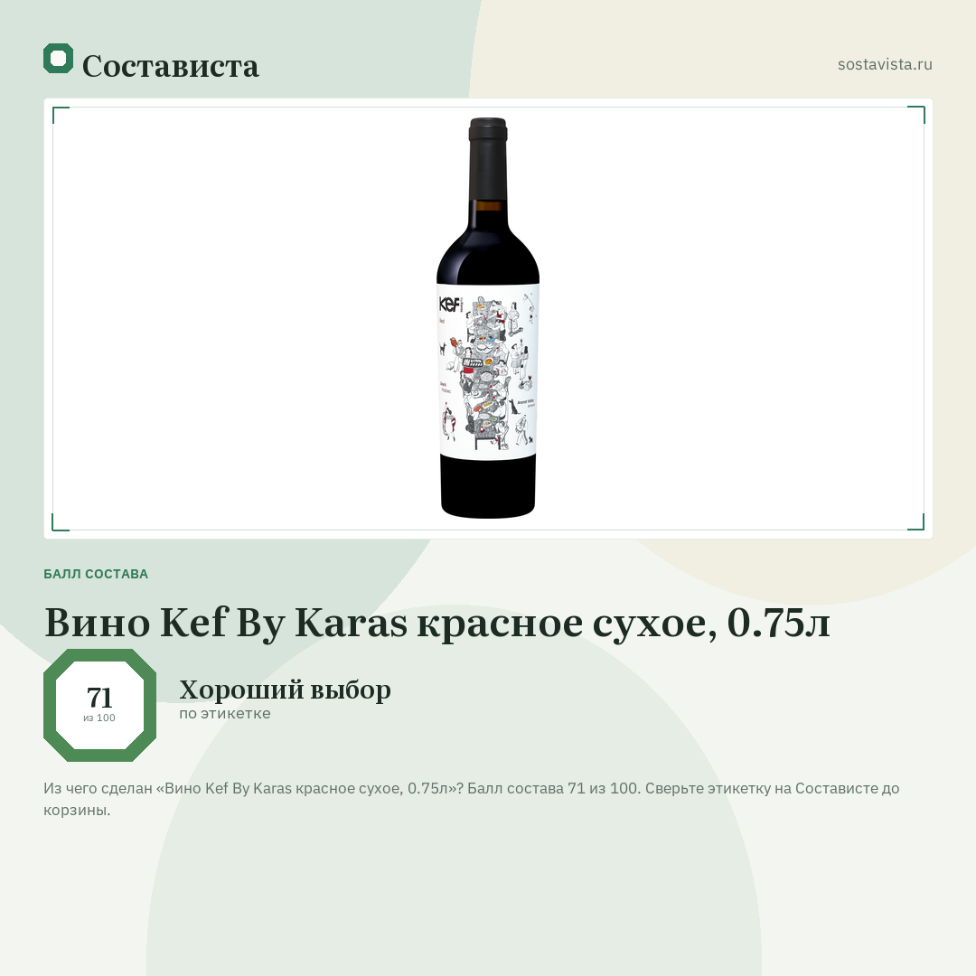 Вино Kef By Karas красное сухое, 0.75л: балл состава 71 из 100 — Состависта