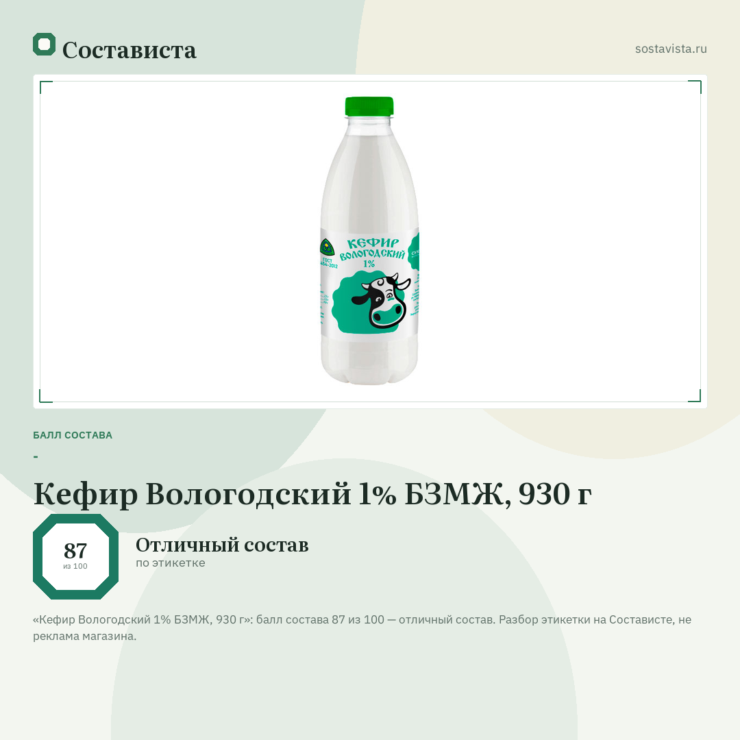 Кефир Вологодский 1% БЗМЖ, 930 г: балл состава 87 из 100 — Состависта
