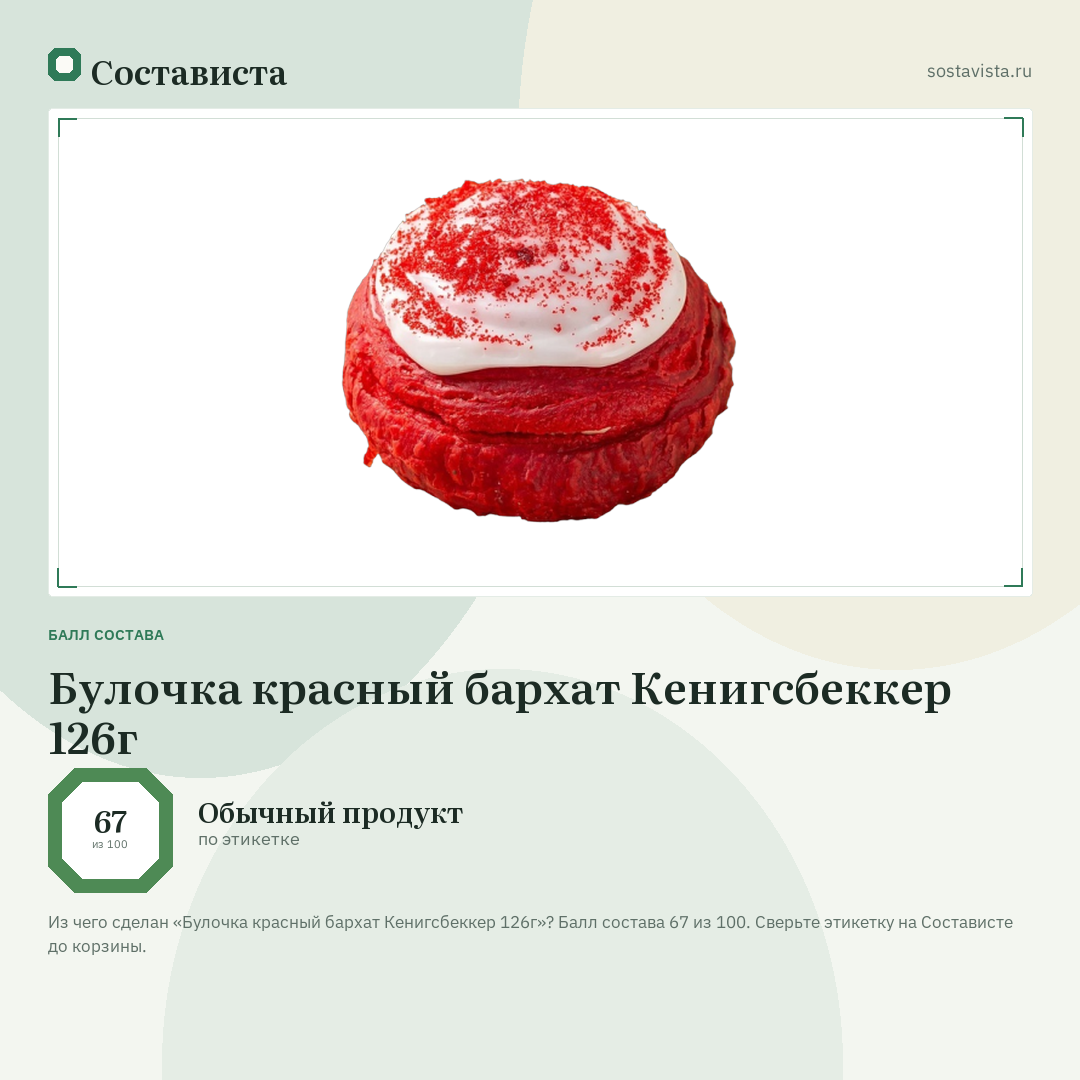 Булочка красный бархат Кенигсбеккер 126г: балл состава 67 из 100 — Состависта
