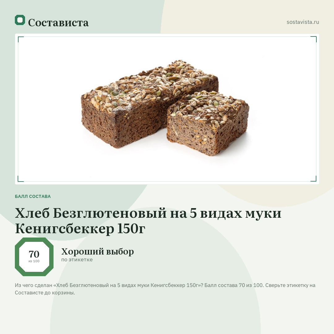 Хлеб Безглютеновый на 5 видах муки Кенигсбеккер 150г: балл состава 70 из 100 — Состависта