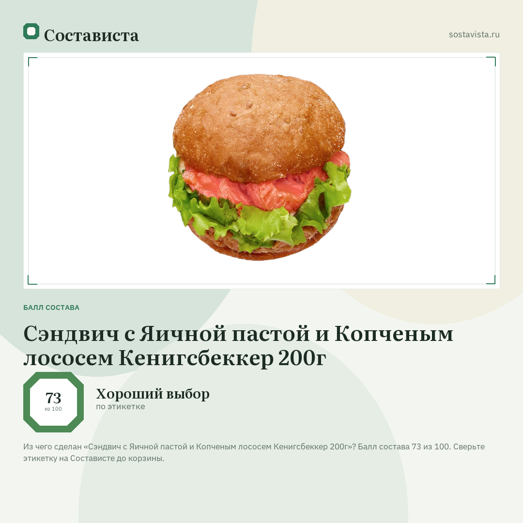Сэндвич с Яичной пастой и Копченым лососем Кенигсбеккер 200г: балл состава 73 из 100 — Состависта