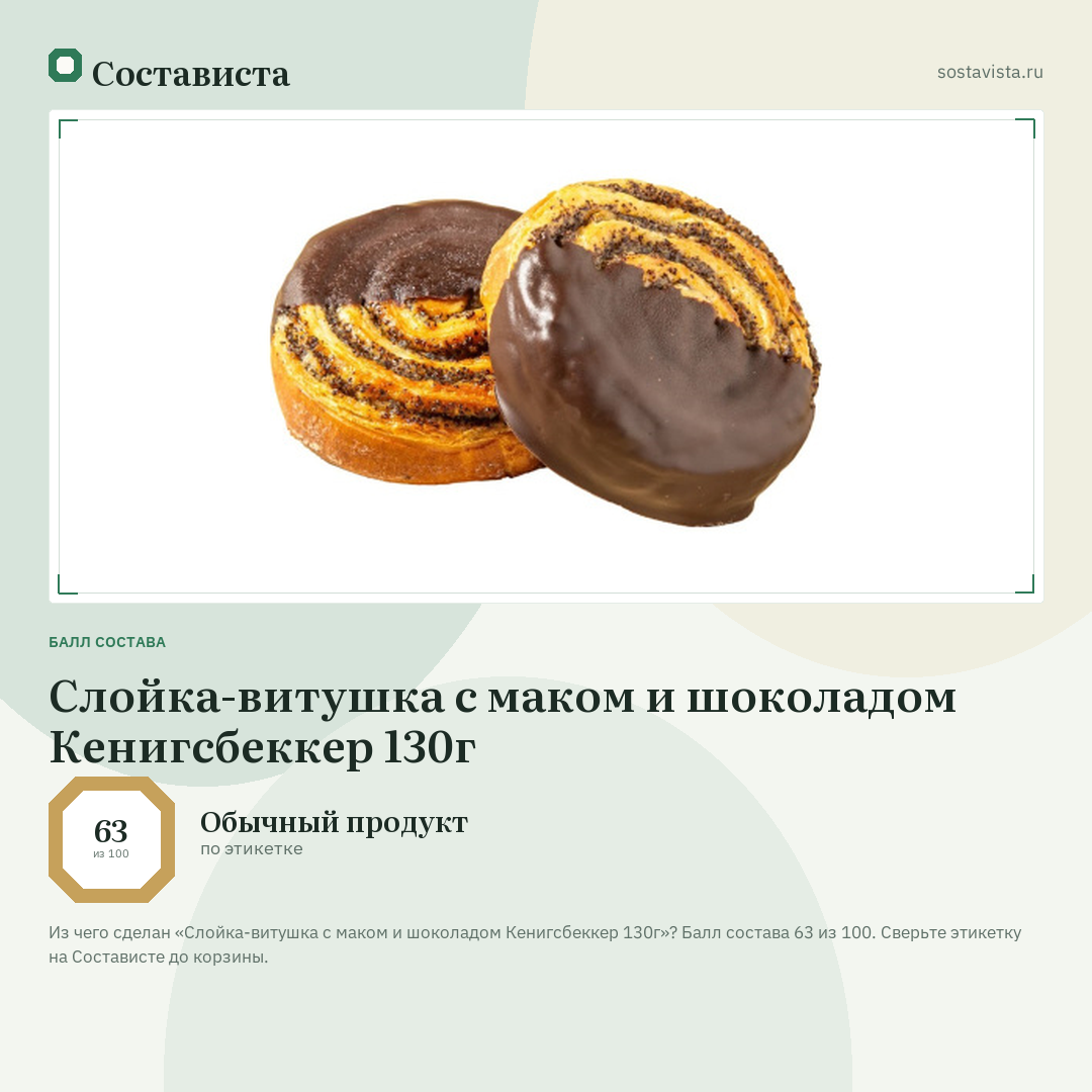 Слойка-витушка с маком и шоколадом Кенигсбеккер 130г: балл состава 63 из 100 — Состависта