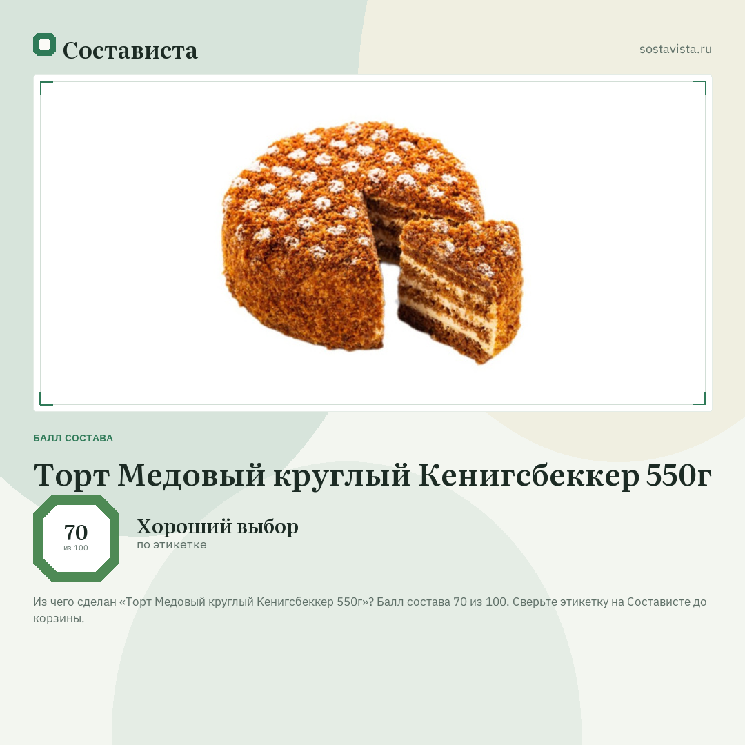 Торт Медовый круглый Кенигсбеккер 550г: балл состава 70 из 100 — Состависта