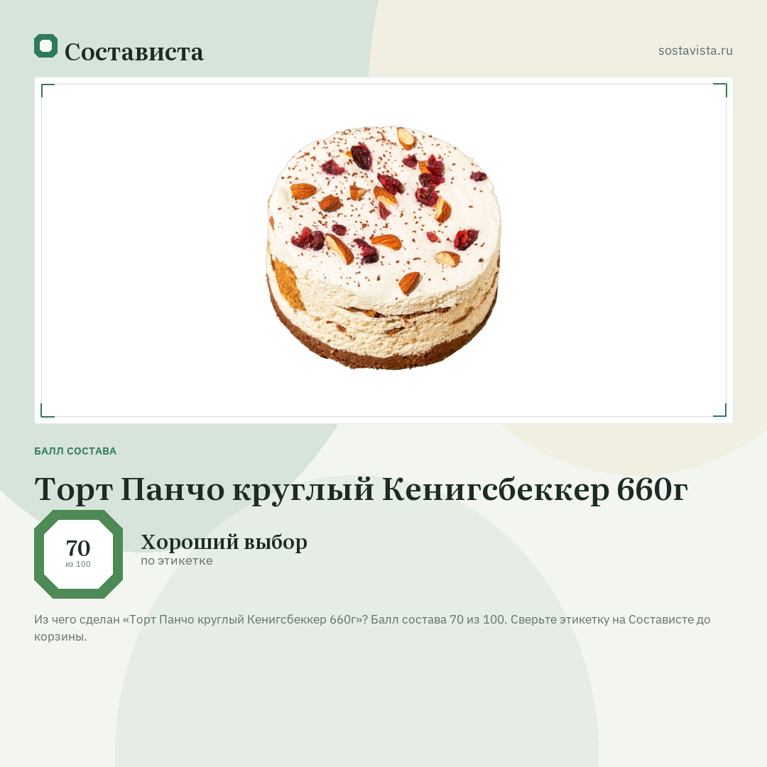 Торт Панчо круглый Кенигсбеккер 660г: балл состава 70 из 100 — Состависта