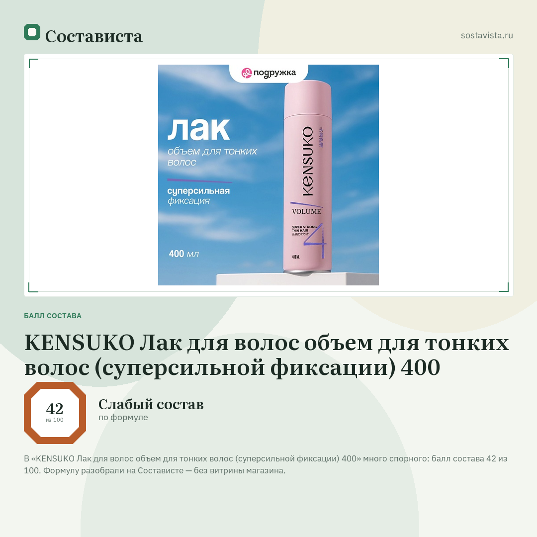KENSUKO Лак для волос объем для тонких волос (суперсильной фиксации) 400: балл состава 42 из 100 — Состависта