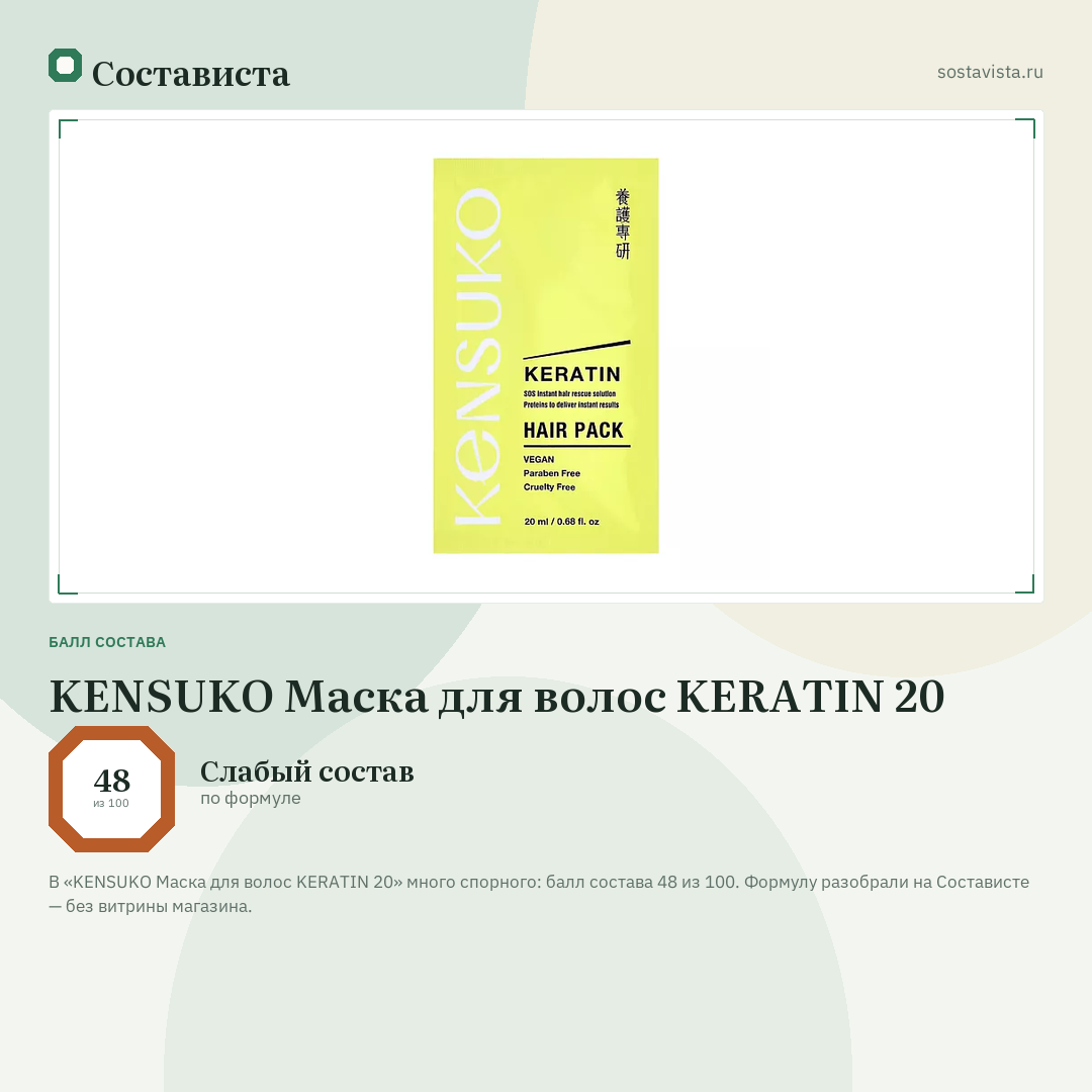 KENSUKO Маска для волос KERATIN 20: балл состава 48 из 100 — Состависта
