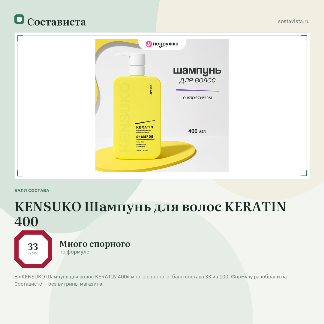 KENSUKO Шампунь для волос KERATIN 400: балл состава 33 из 100 — Состависта