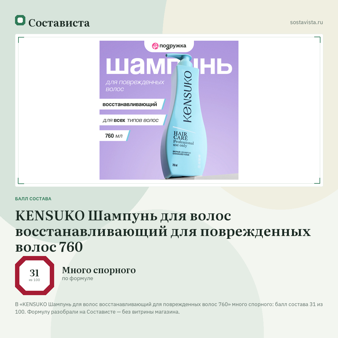 KENSUKO Шампунь для волос восстанавливающий для поврежденных волос 760: балл состава 31 из 100 — Состависта
