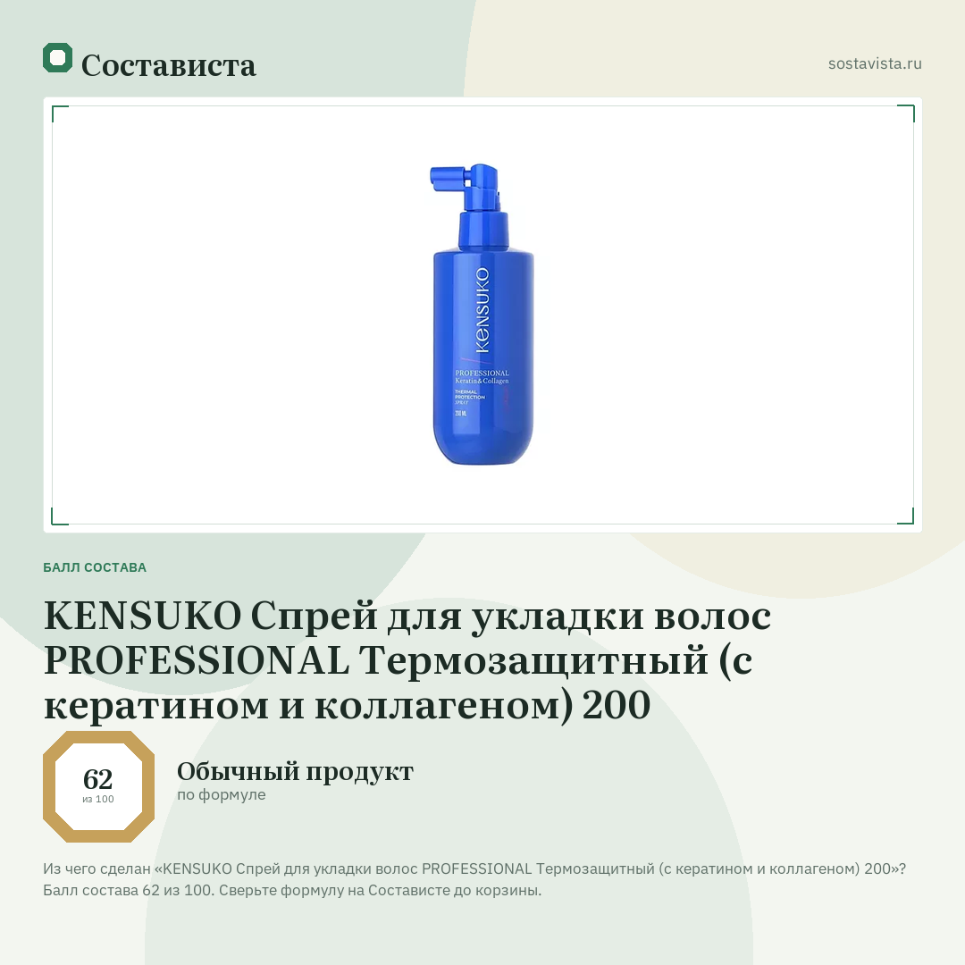 KENSUKO Спрей для укладки волос PROFESSIONAL Термозащитный (с кератином и коллагеном) 200: балл состава 62 из 100 — Состависта
