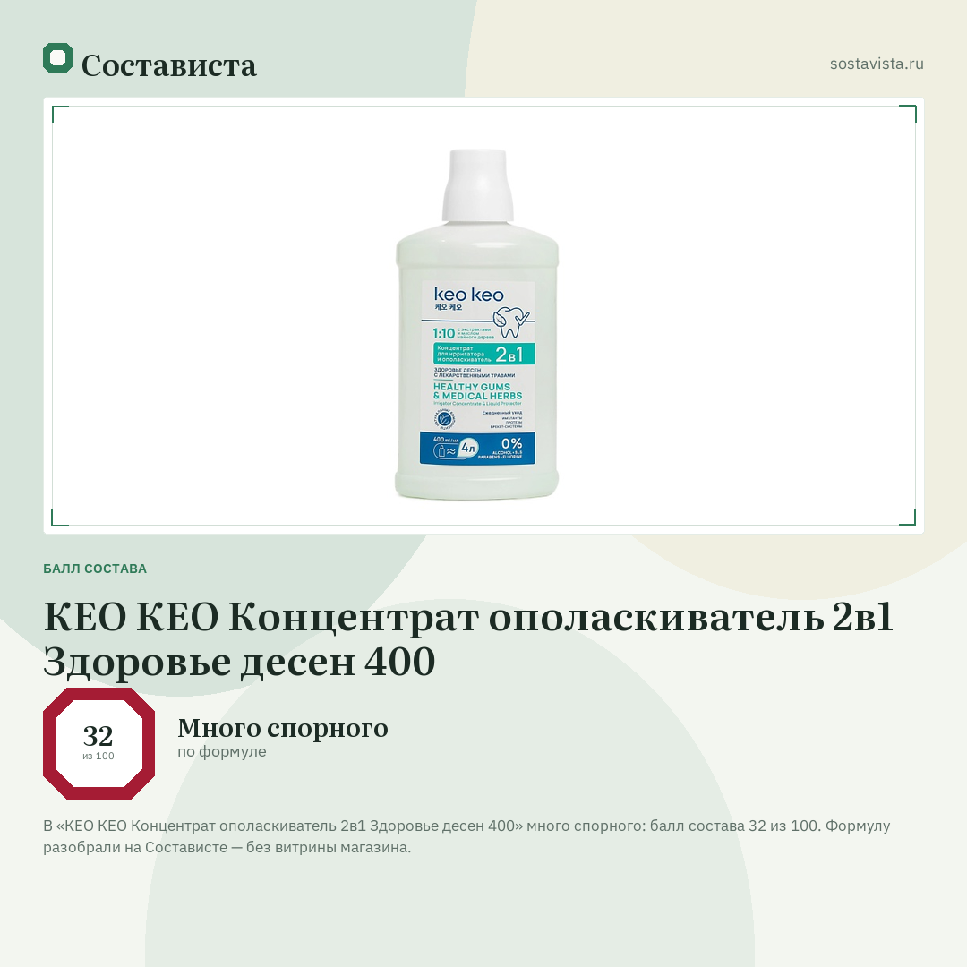 КЕО КЕО Концентрат ополаскиватель 2в1 Здоровье десен 400: балл состава 32 из 100 — Состависта