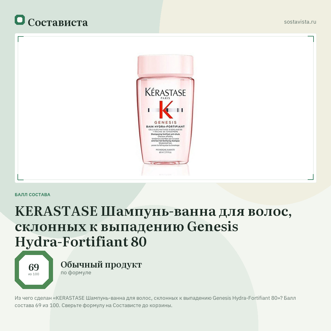 KERASTASE Шампунь-ванна для волос, склонных к выпадению Genesis Hydra-Fortifiant 80: балл состава 69 из 100 — Состависта