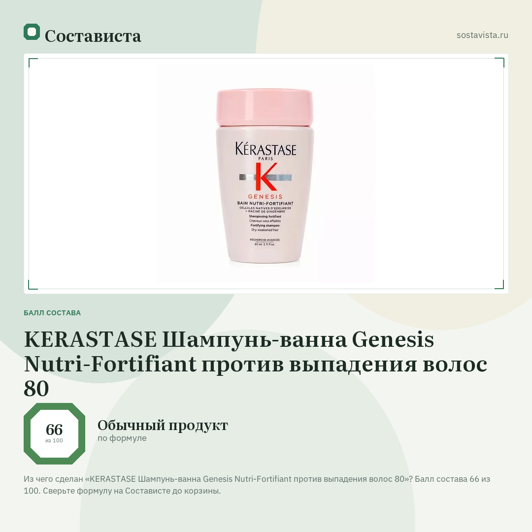 KERASTASE Шампунь-ванна Genesis Nutri-Fortifiant против выпадения волос 80: балл состава 66 из 100 — Состависта