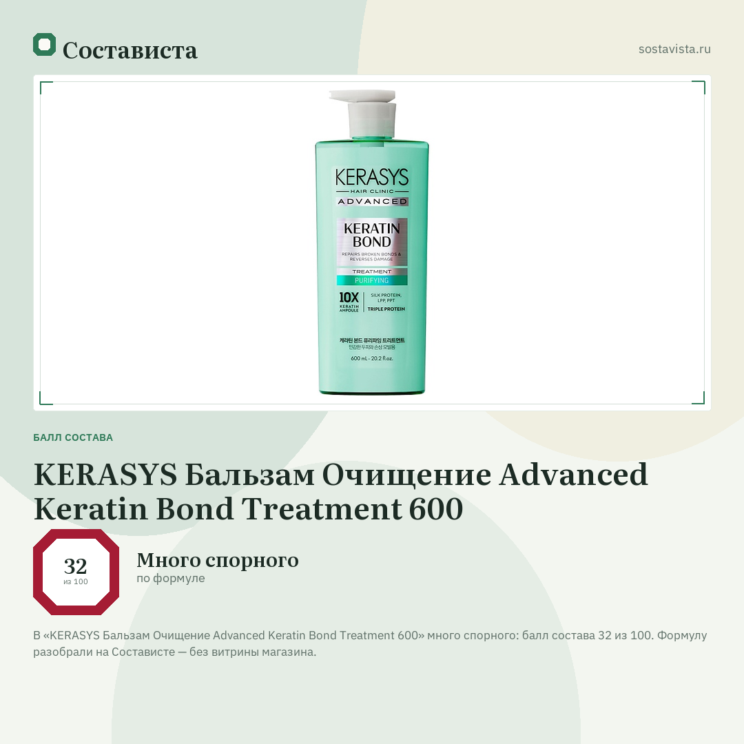 KERASYS Бальзам Очищение Advanced Keratin Bond Treatment 600: балл состава 32 из 100 — Состависта