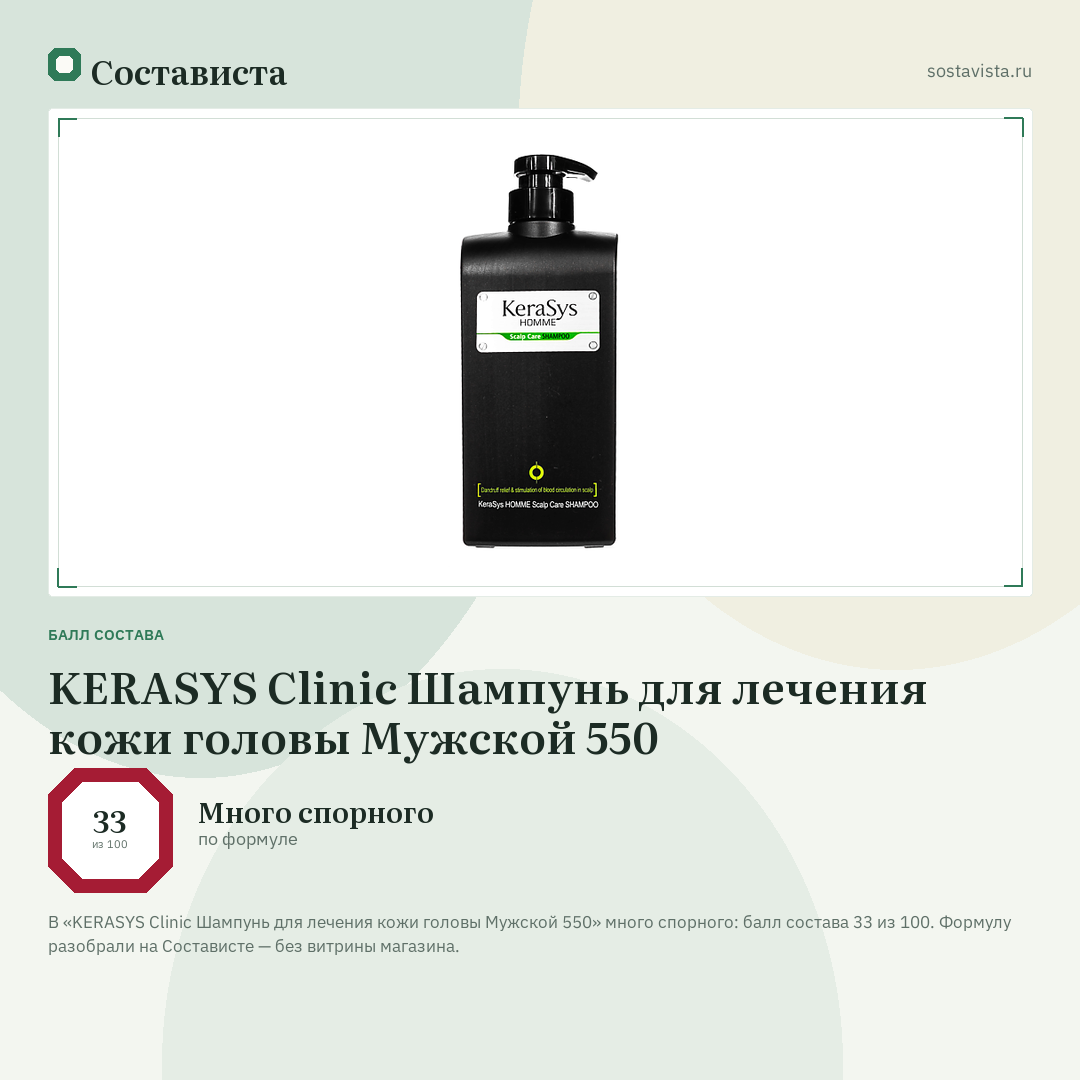 KERASYS Clinic Шампунь для лечения кожи головы Мужской 550: балл состава 33 из 100 — Состависта
