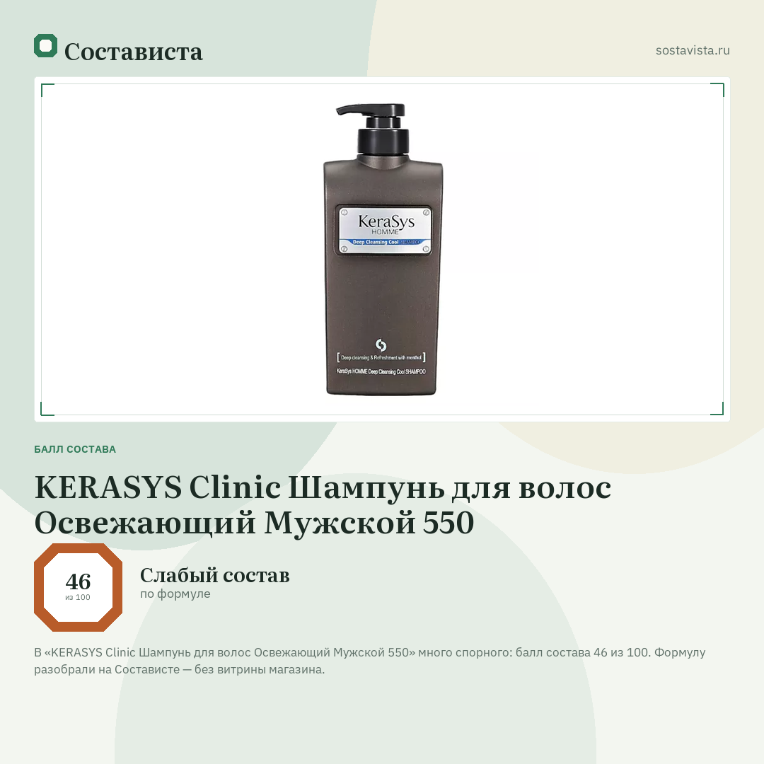 KERASYS Clinic Шампунь для волос Освежающий Мужской 550: балл состава 46 из 100 — Состависта