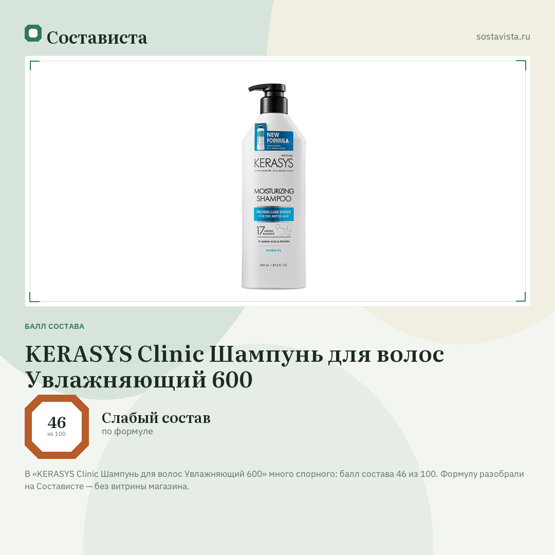 KERASYS Clinic Шампунь для волос Увлажняющий 600: балл состава 46 из 100 — Состависта