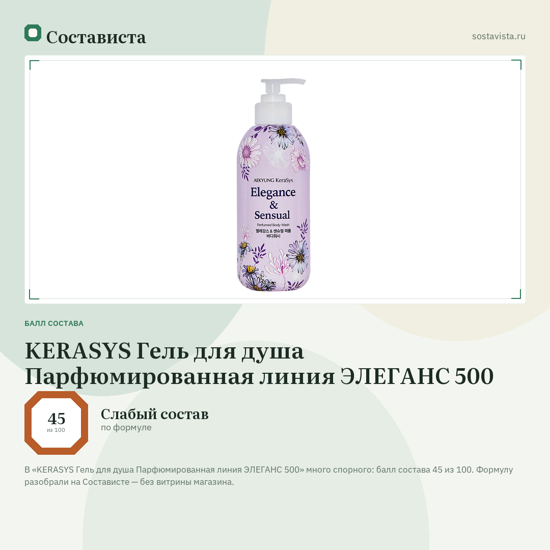 KERASYS Гель для душа Парфюмированная линия ЭЛЕГАНС 500: балл состава 45 из 100 — Состависта