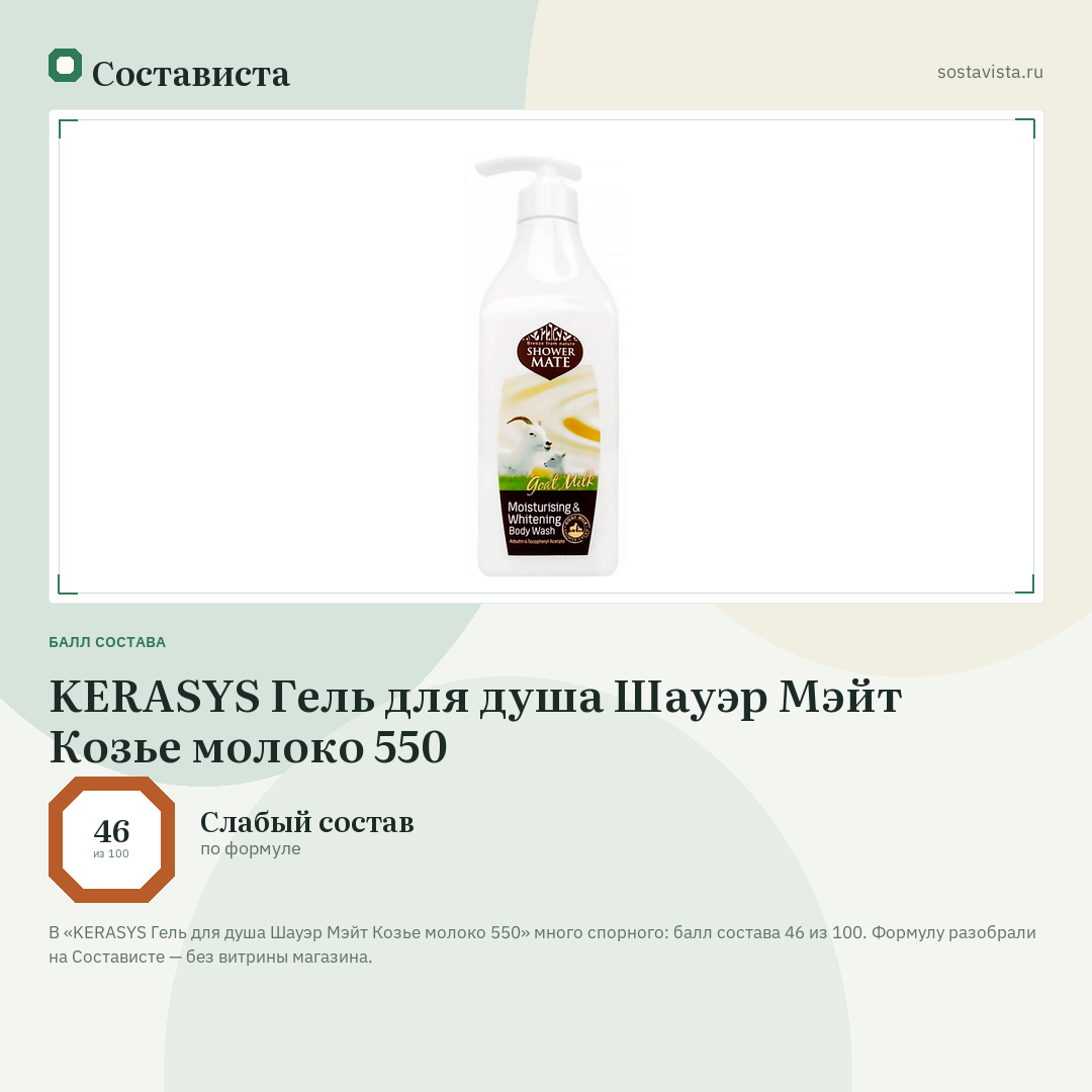 KERASYS Гель для душа Шауэр Мэйт Козье молоко 550: балл состава 46 из 100 — Состависта