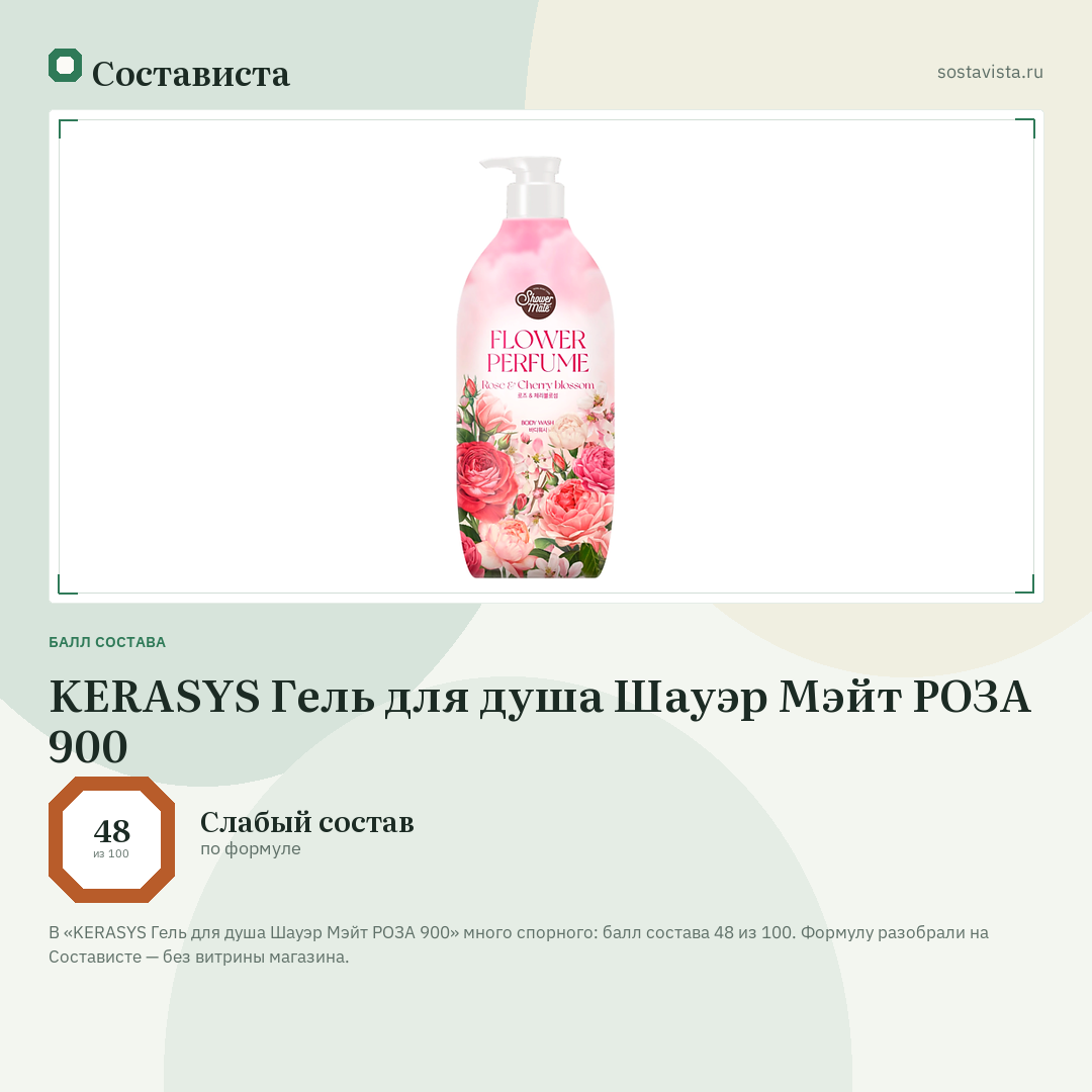 KERASYS Гель для душа Шауэр Мэйт РОЗА 900: балл состава 48 из 100 — Состависта