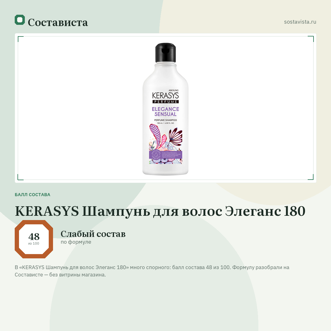 KERASYS Шампунь для волос Элеганс 180: балл состава 48 из 100 — Состависта