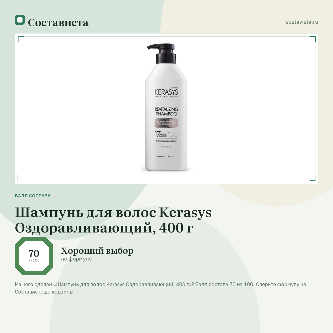 Шампунь для волос Kerasys Оздоравливающий, 400 г: балл состава 70 из 100 — Состависта