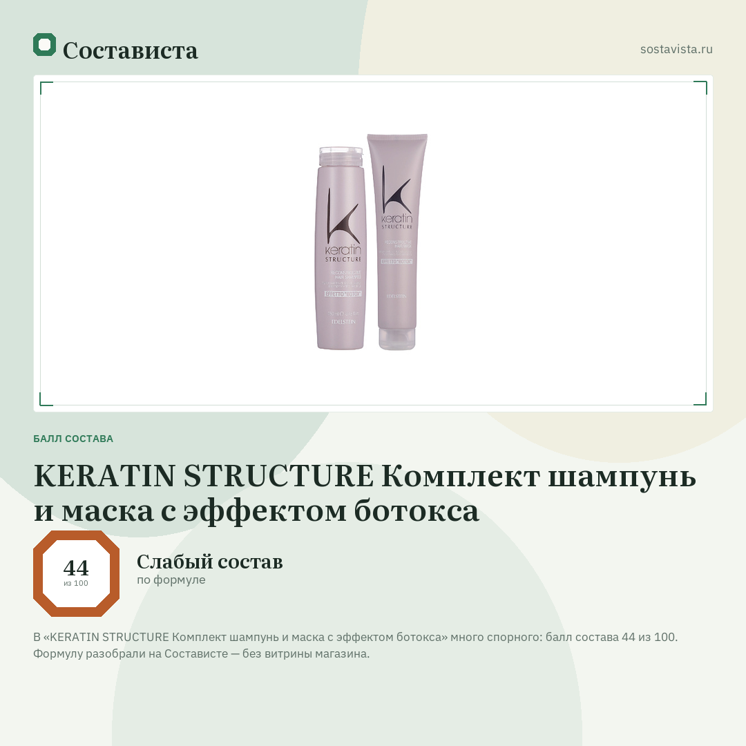 KERATIN STRUCTURE Комплект шампунь и маска с эффектом ботокса: балл состава 44 из 100 — Состависта