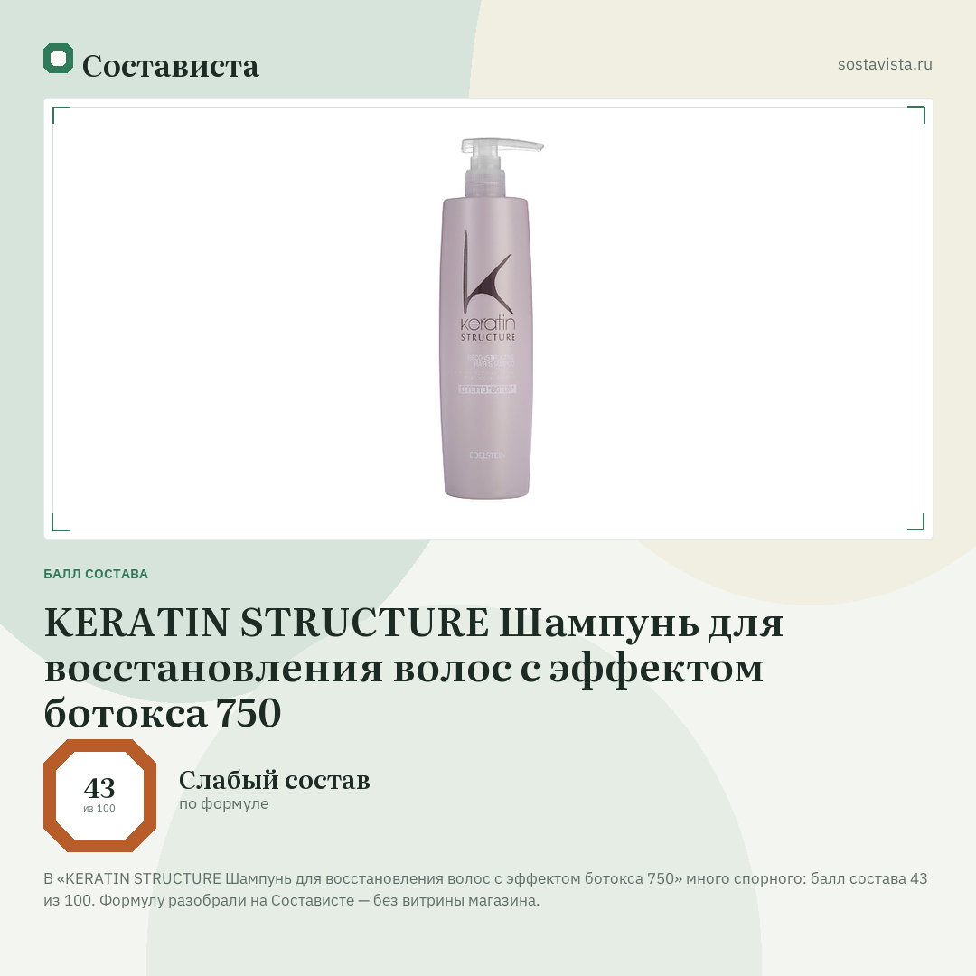 KERATIN STRUCTURE Шампунь для восстановления волос с эффектом ботокса 750: балл состава 43 из 100 — Состависта