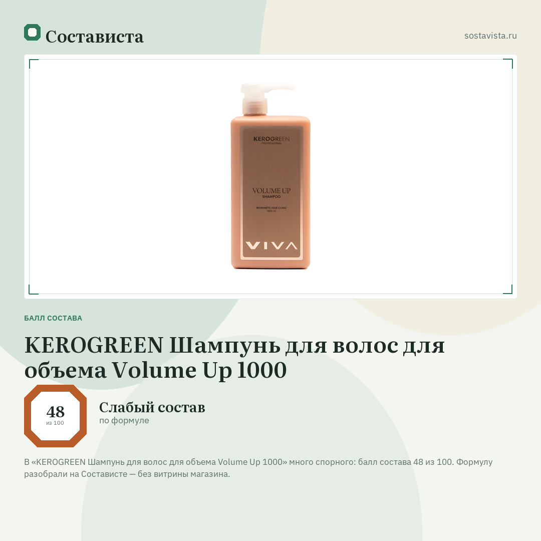 KEROGREEN Шампунь для волос для объема Volume Up 1000: балл состава 48 из 100 — Состависта