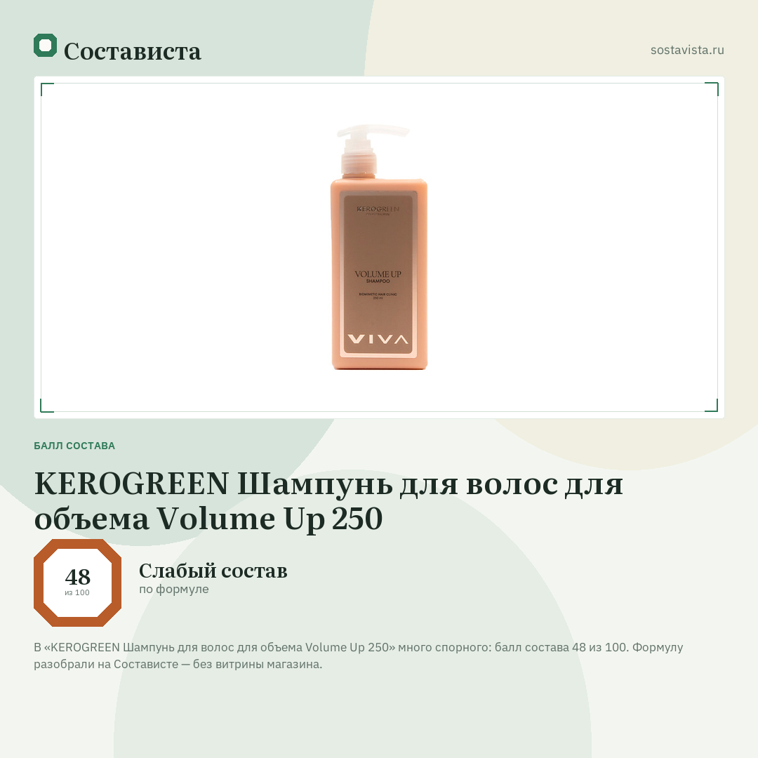 KEROGREEN Шампунь для волос для объема Volume Up 250: балл состава 48 из 100 — Состависта