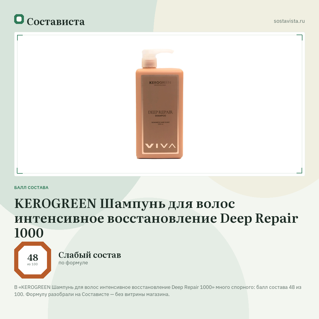KEROGREEN Шампунь для волос интенсивное восстановление Deep Repair 1000: балл состава 48 из 100 — Состависта