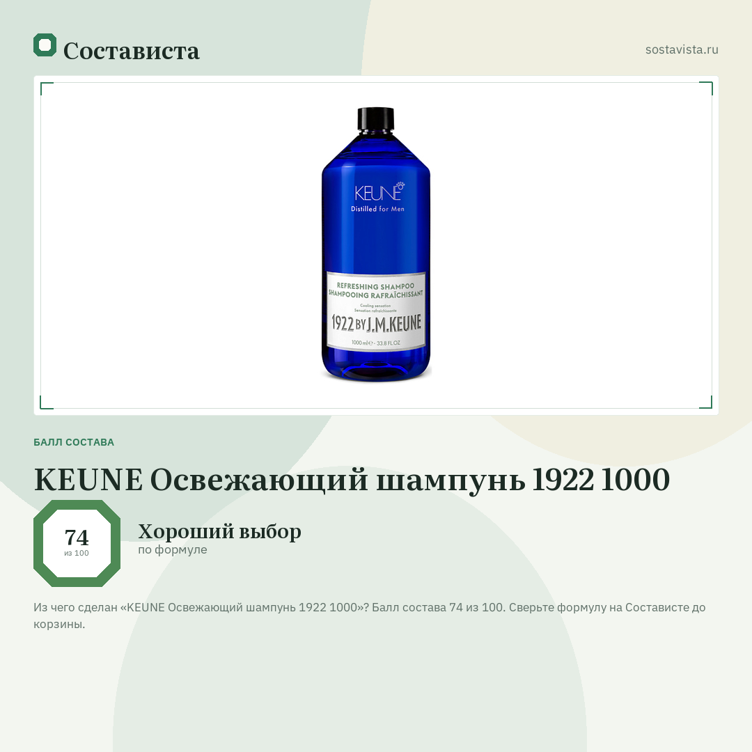 KEUNE Освежающий шампунь 1922 1000: балл состава 74 из 100 — Состависта