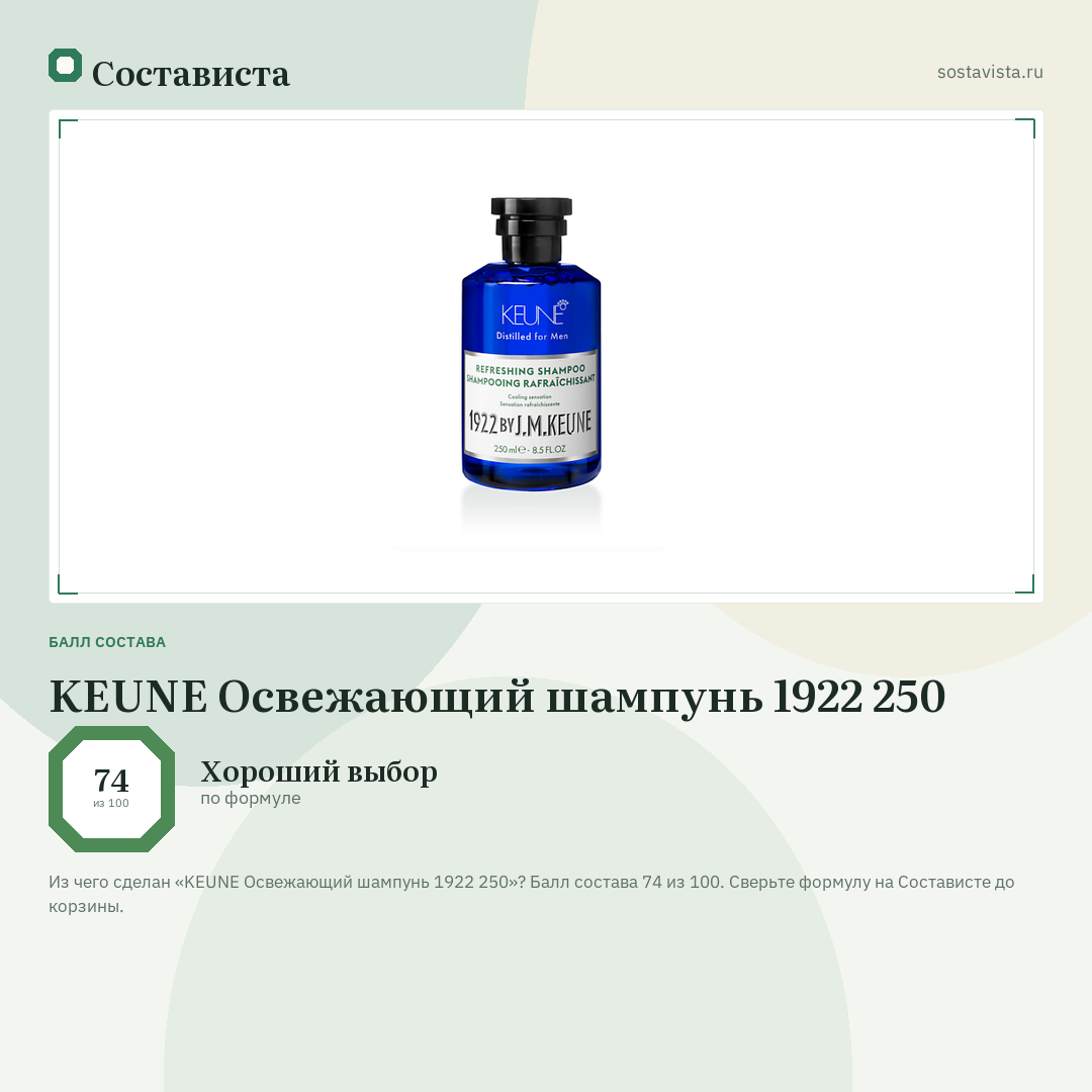 KEUNE Освежающий шампунь 1922 250: балл состава 74 из 100 — Состависта
