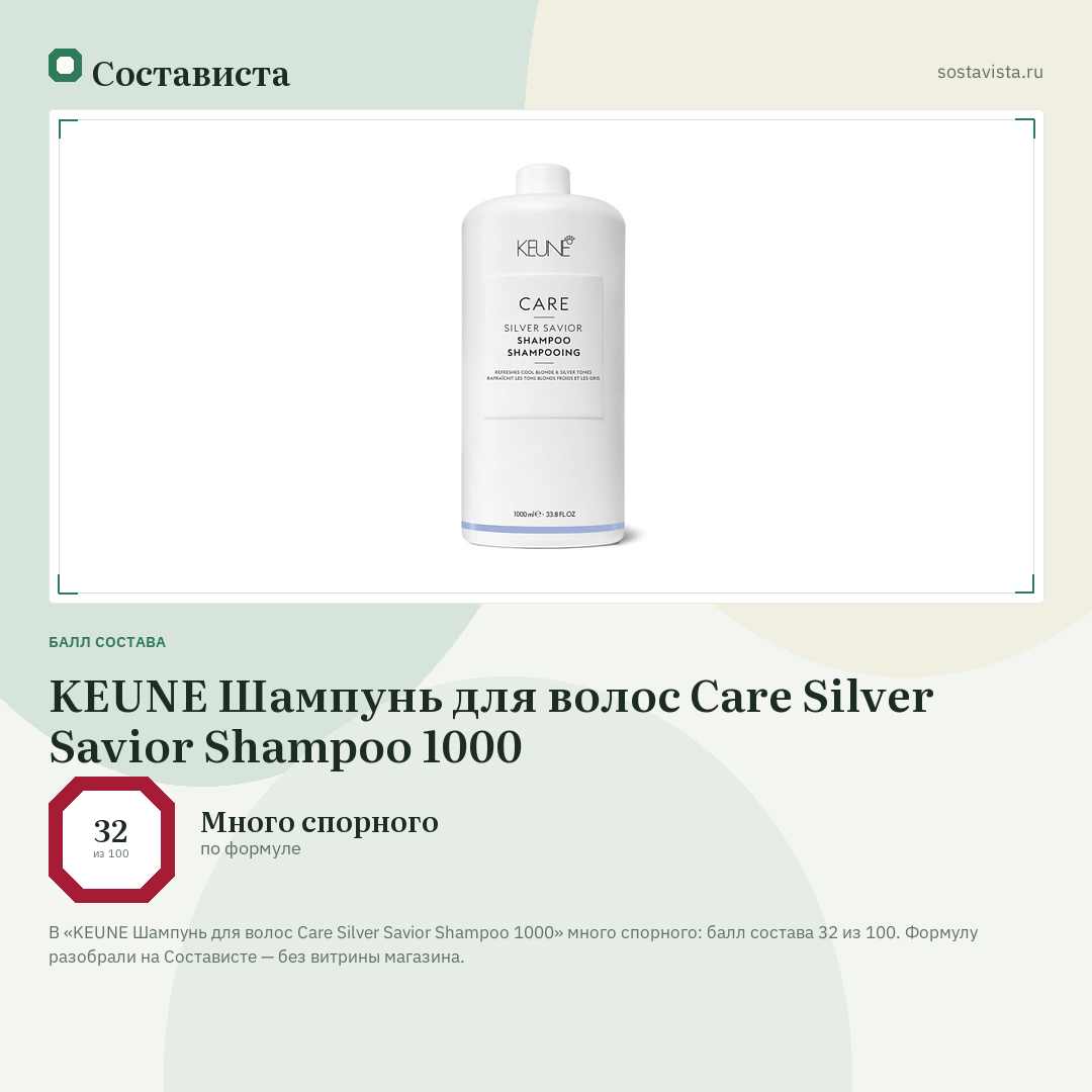 KEUNE Шампунь для волос Care Silver Savior Shampoo 1000: балл состава 32 из 100 — Состависта