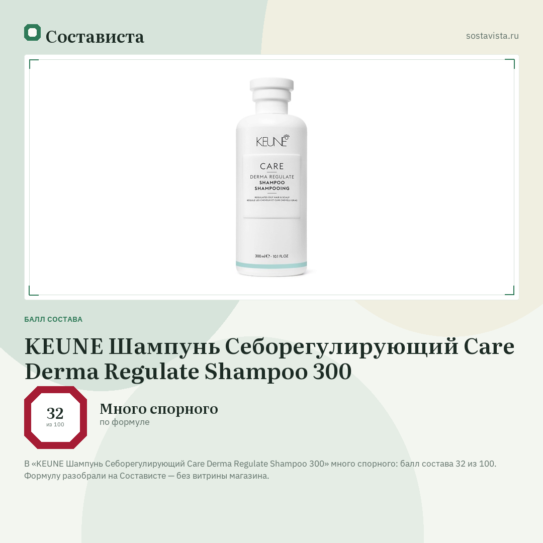 KEUNE Шампунь Себорегулирующий Care Derma Regulate Shampoo 300: балл состава 32 из 100 — Состависта