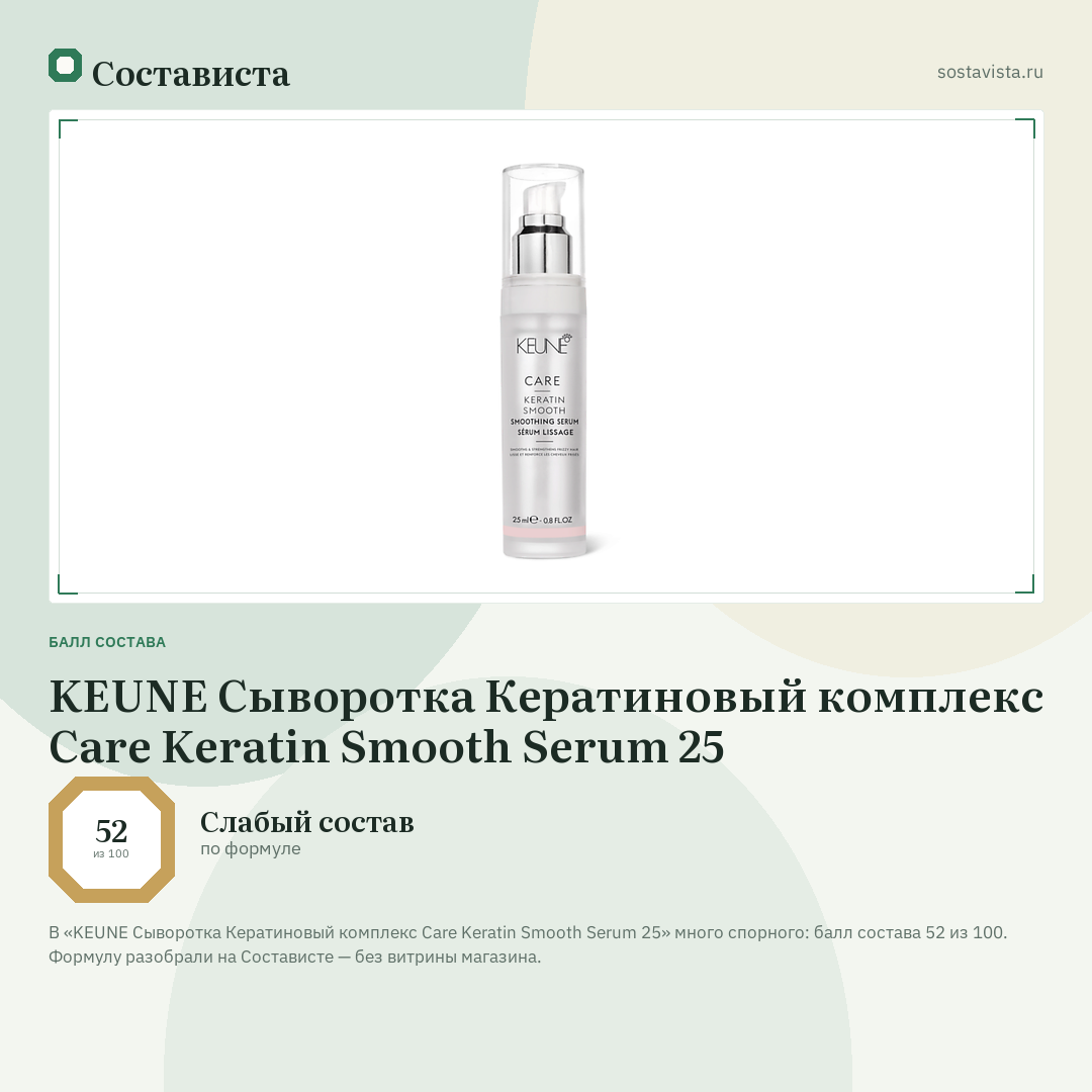 KEUNE Сыворотка Кератиновый комплекс Care Keratin Smooth Serum 25: балл состава 52 из 100 — Состависта