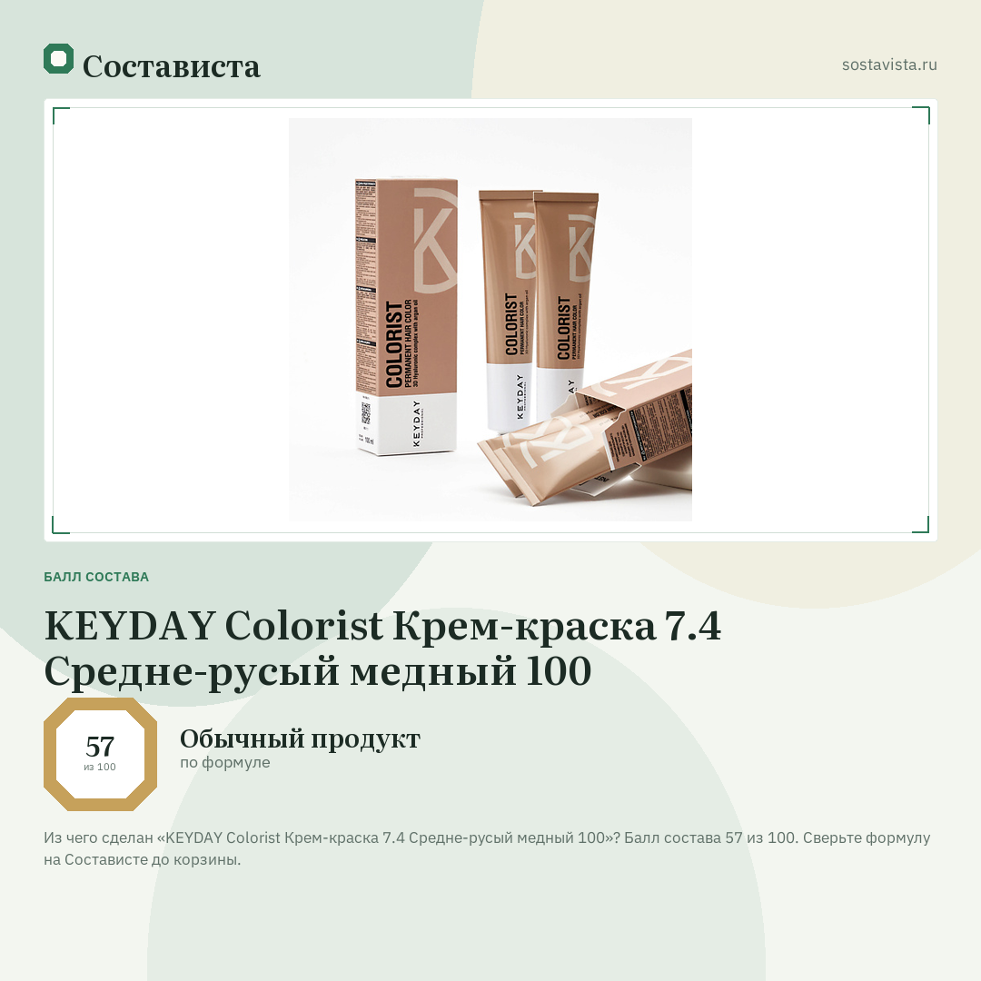 KEYDAY Colorist Крем-краска 7.4 Средне-русый медный 100: балл состава 57 из 100 — Состависта
