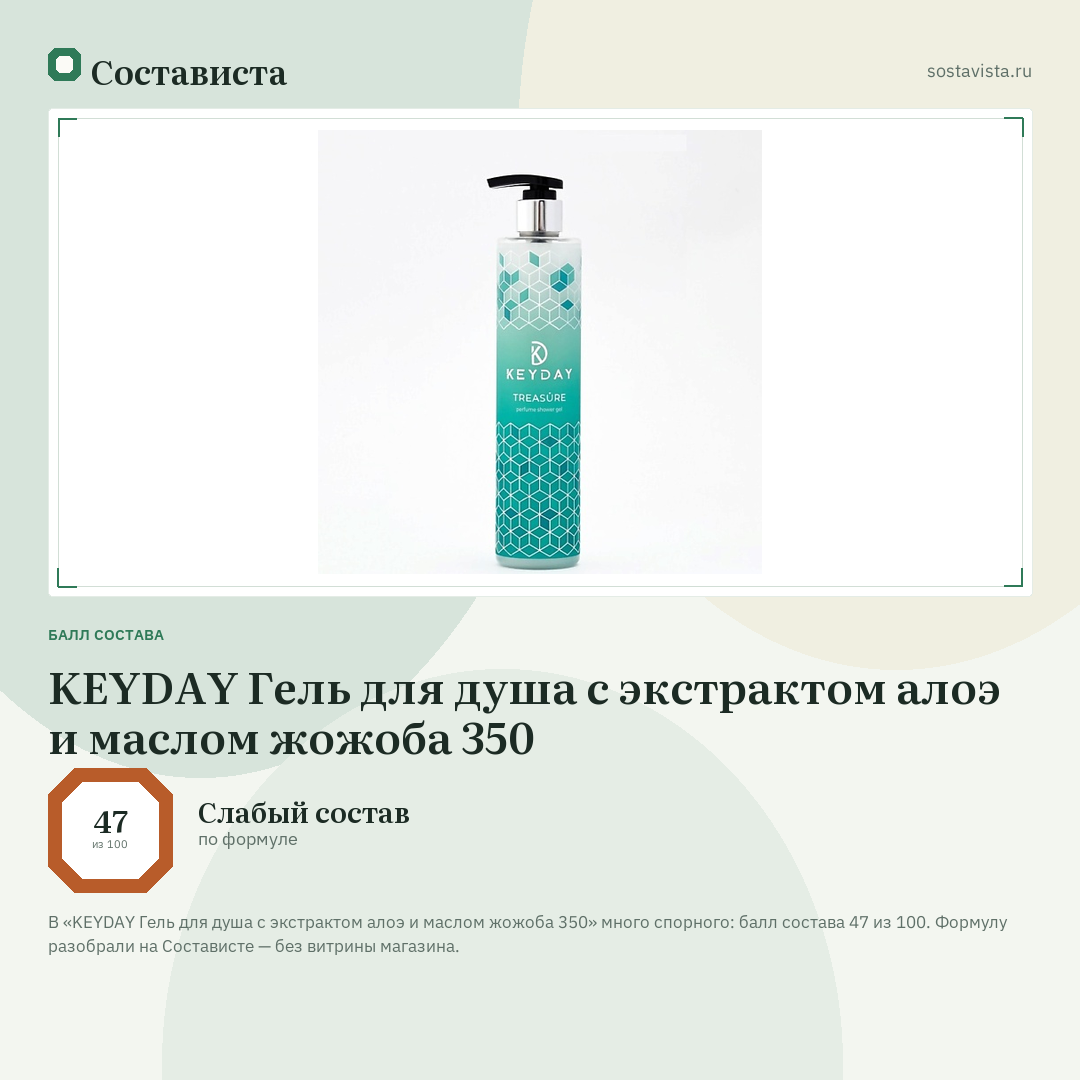 KEYDAY Гель для душа с экстрактом алоэ и маслом жожоба 350: балл состава 47 из 100 — Состависта