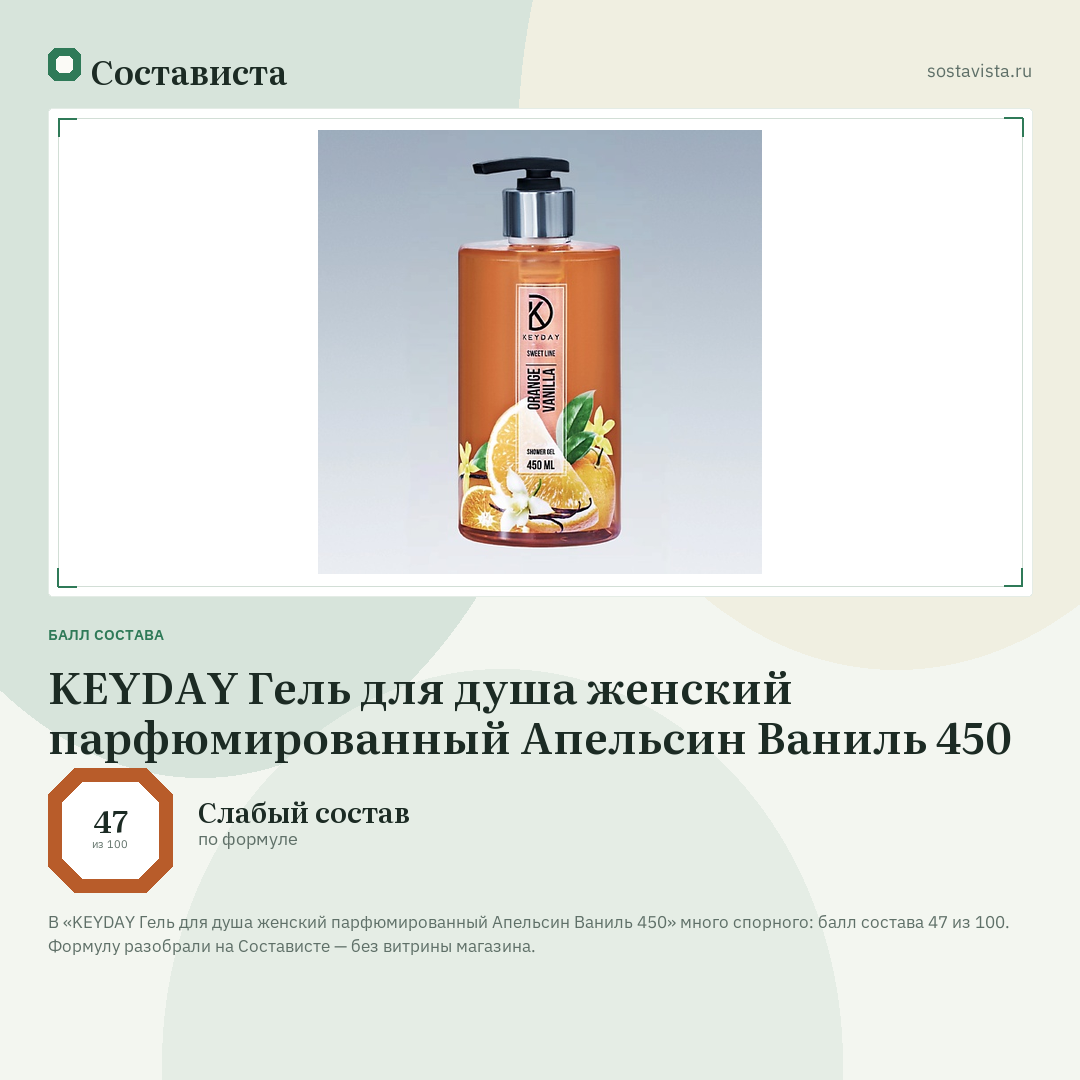 KEYDAY Гель для душа женский парфюмированный Апельсин Ваниль 450: балл состава 47 из 100 — Состависта
