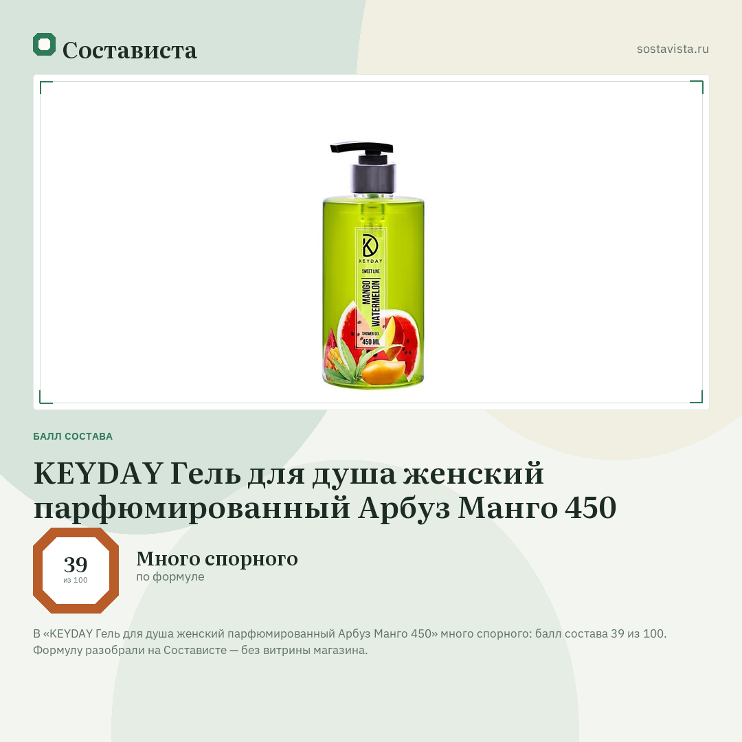 KEYDAY Гель для душа женский парфюмированный Арбуз Манго 450: балл состава 39 из 100 — Состависта