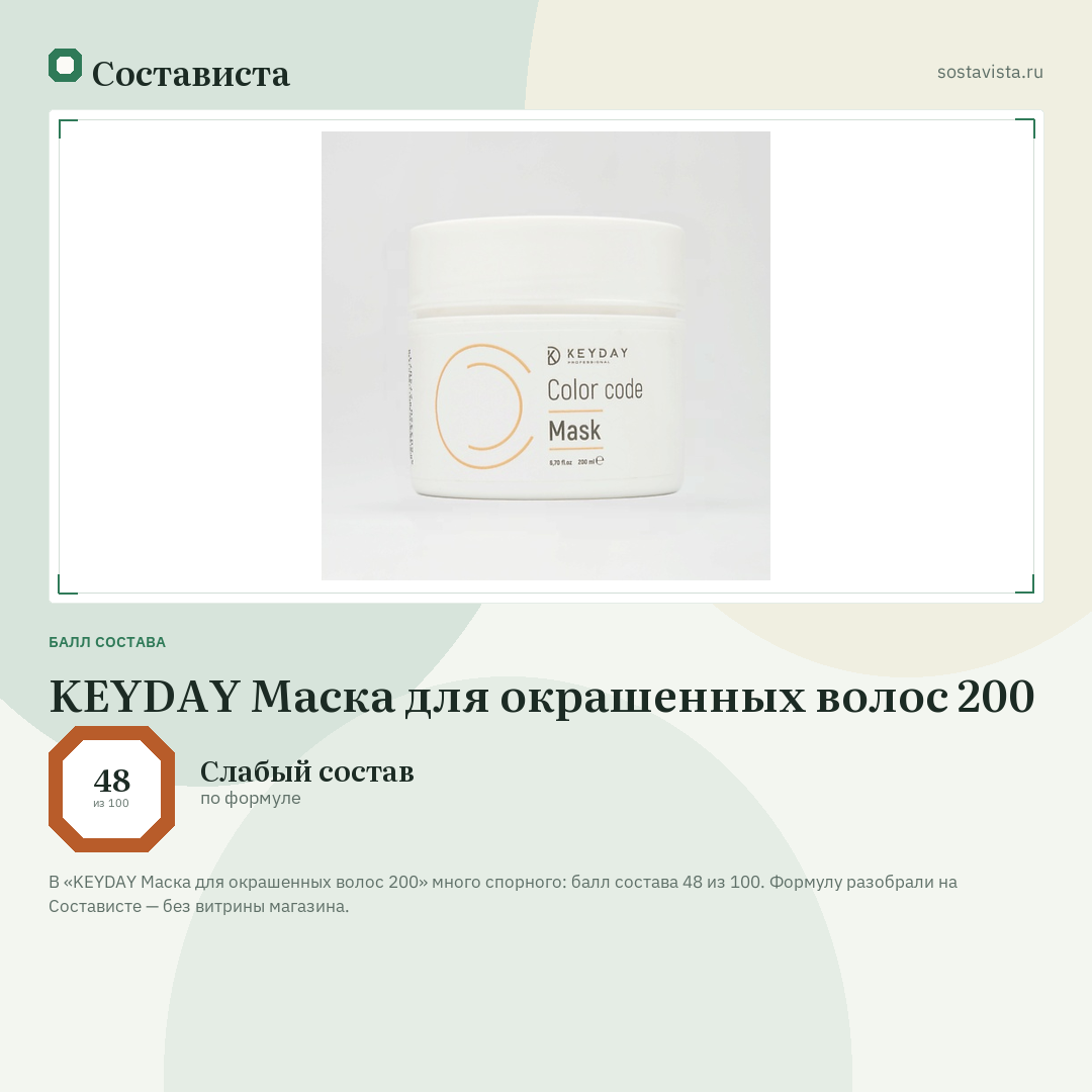 KEYDAY Маска для окрашенных волос 200: балл состава 48 из 100 — Состависта