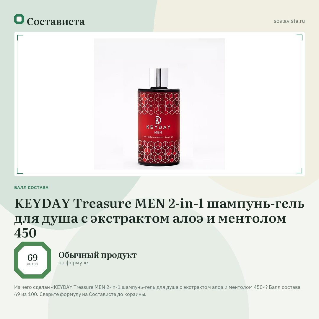 KEYDAY Treasure MEN 2-in-1 шампунь-гель для душа с экстрактом алоэ и ментолом 450: балл состава 69 из 100 — Состависта