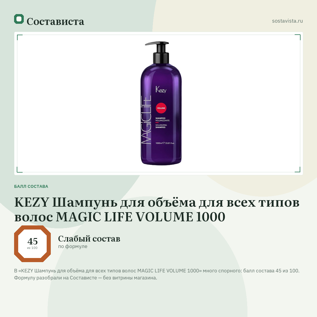 KEZY Шампунь для объёма для всех типов волос MAGIC LIFE VOLUME 1000: балл состава 45 из 100 — Состависта