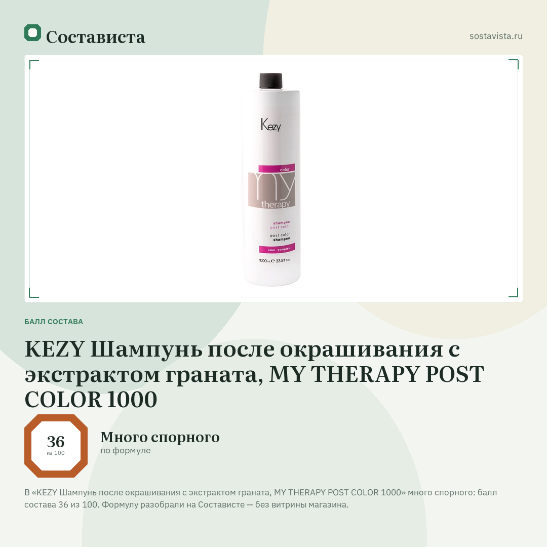 KEZY Шампунь после окрашивания с экстрактом граната, MY THERAPY POST COLOR 1000: балл состава 36 из 100 — Состависта