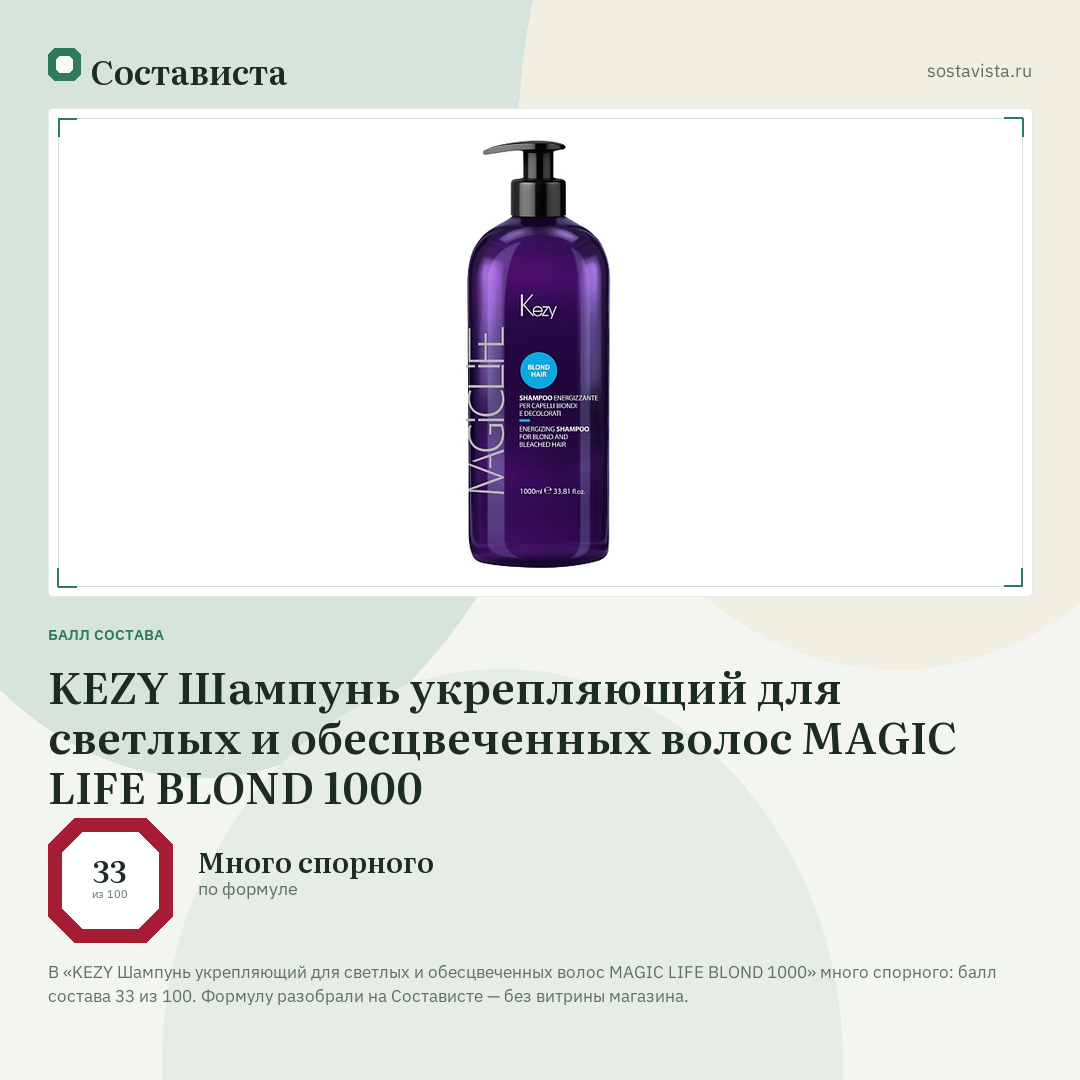 KEZY Шампунь укрепляющий для светлых и обесцвеченных волос MAGIC LIFE BLOND 1000: балл состава 33 из 100 — Состависта