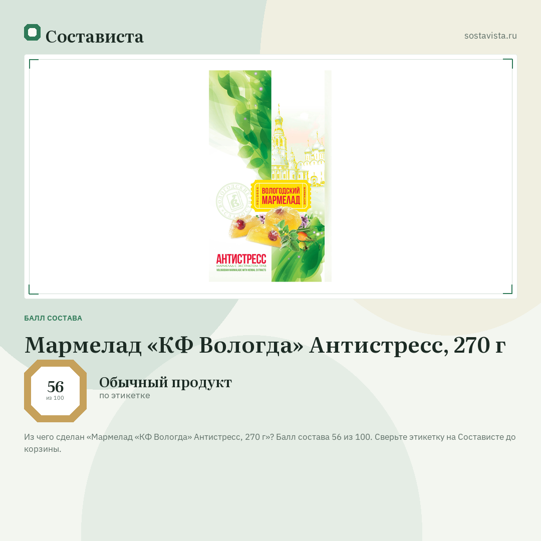 Мармелад «КФ Вологда» Антистресс, 270 г: балл состава 56 из 100 — Состависта