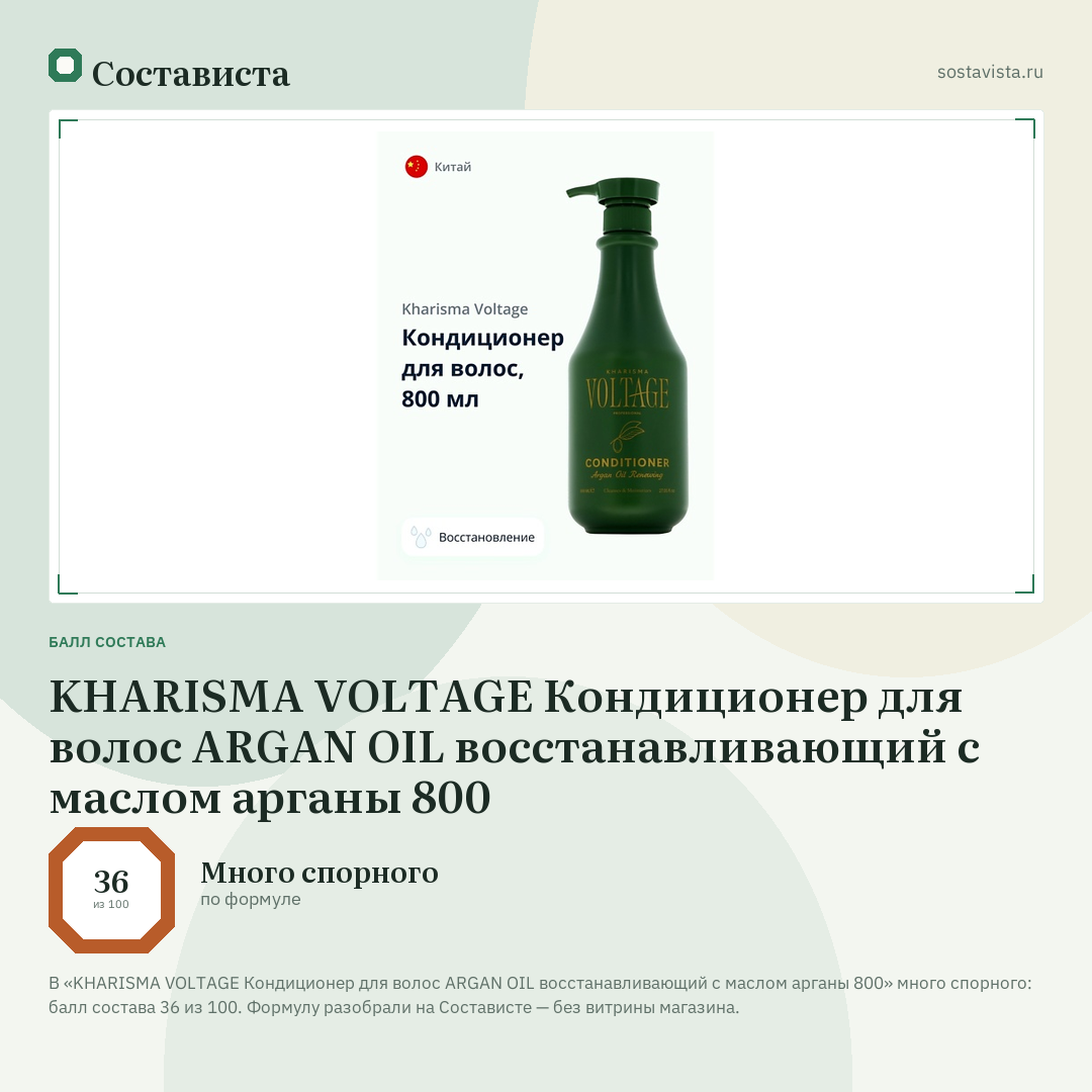 KHARISMA VOLTAGE Кондиционер для волос ARGAN OIL восстанавливающий с маслом арганы 800: балл состава 36 из 100 — Состависта