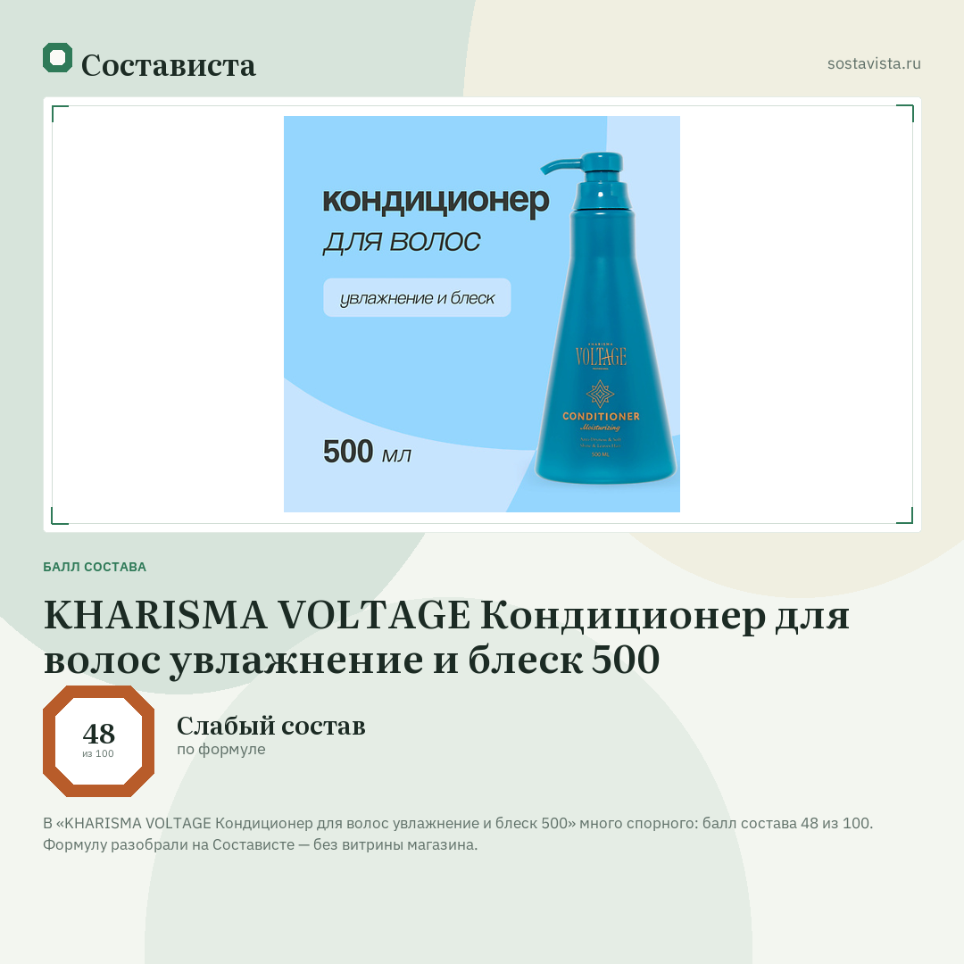KHARISMA VOLTAGE Кондиционер для волос увлажнение и блеск 500: балл состава 48 из 100 — Состависта